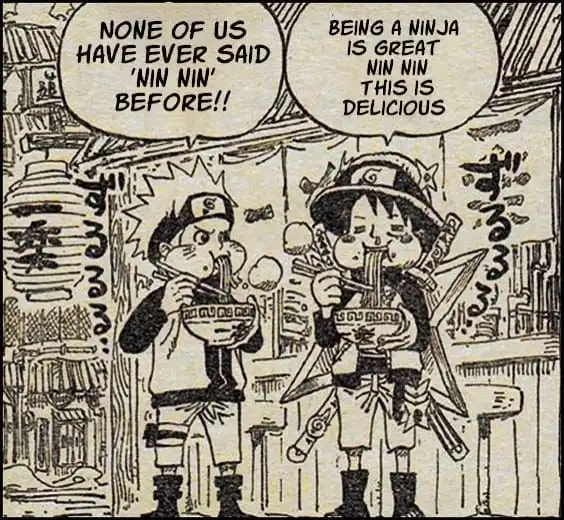 Two cartoon ninja characters are eating ramen in a noodle shop. The character on the left exclaims, 'NONE OF US HAVE EVER…