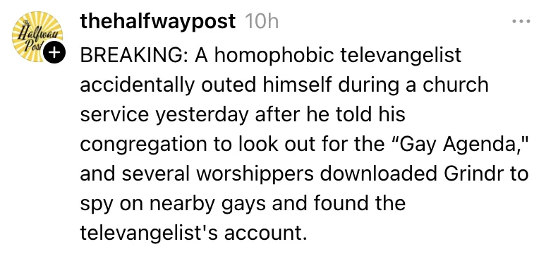 A screenshot of a social media post from 'thehalfwaypost' with a headline styled like a breaking news alert. The text…
