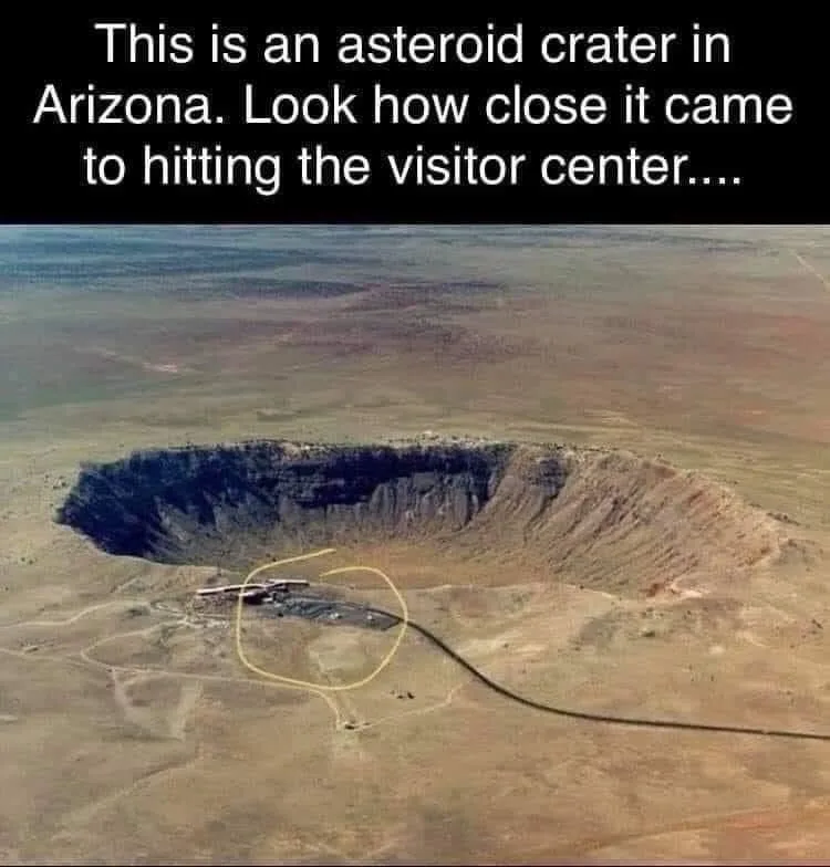 An aerial photograph shows the large, circular Barringer Crater in Arizona, with a yellow circle highlighting a small…