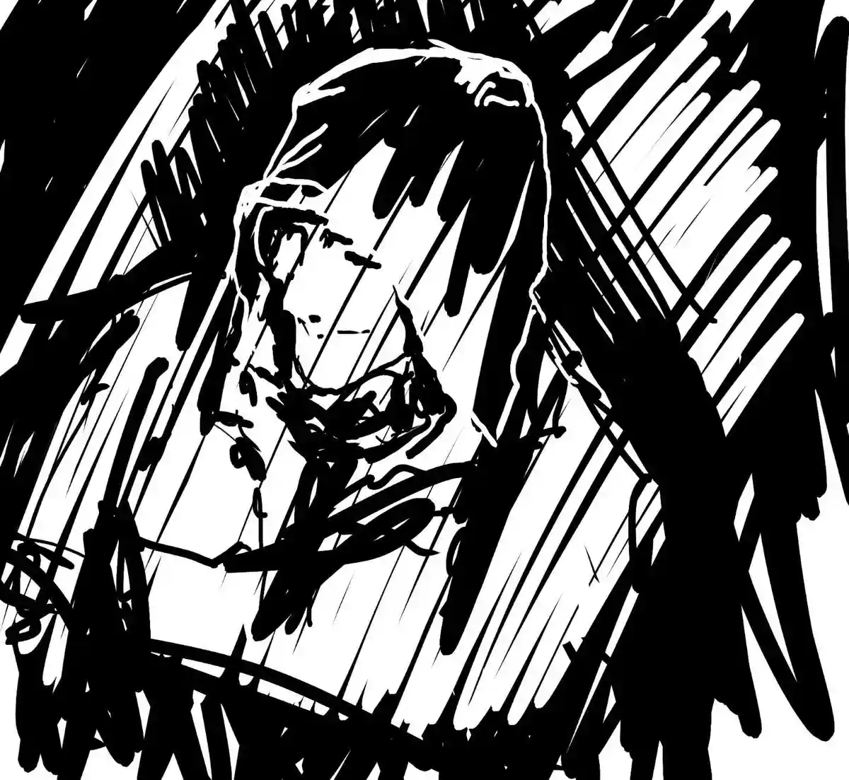 A black-and-white, sketch-style illustration shows a person with a distressed expression, their face partially obscured by…