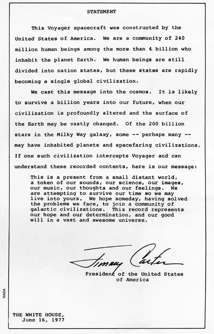 The image displays a formal-looking document titled 'STATEMENT' that mimics the official Voyager Golden Record message, but…