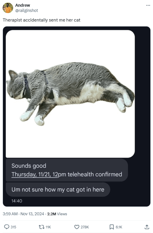 A gray tabby cat with white paws and chest is lying horizontally, appearing to float or be suspended in mid-air against a…