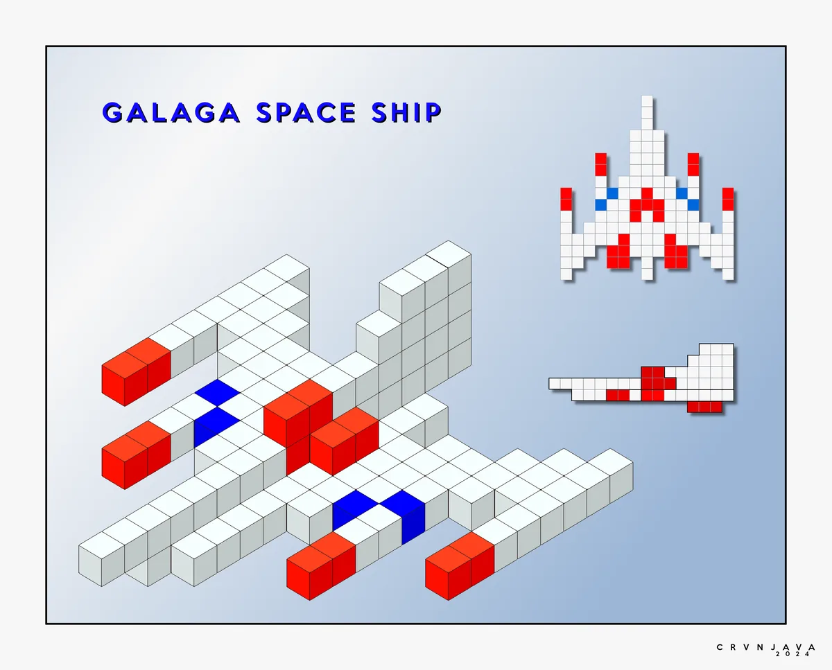 The image displays a 3D isometric block model of a Galaga spaceship, constructed from white, red, and blue cubes, with a…