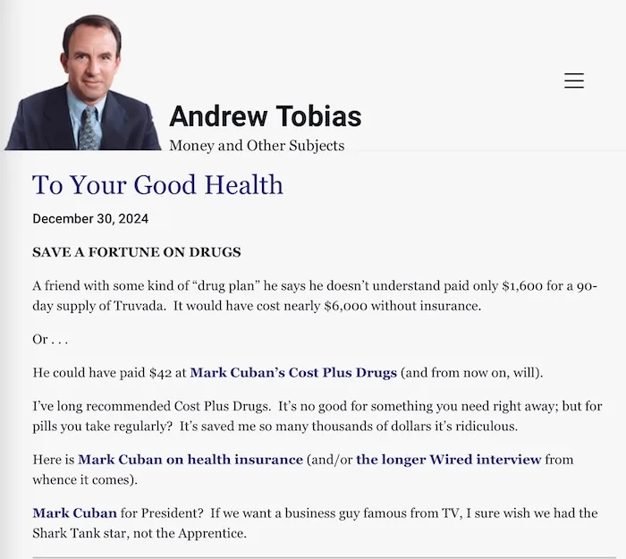 A screenshot of a blog post by Andrew Tobias titled 'To Your Good Health' dated December 30, 2024, discussing how a friend…