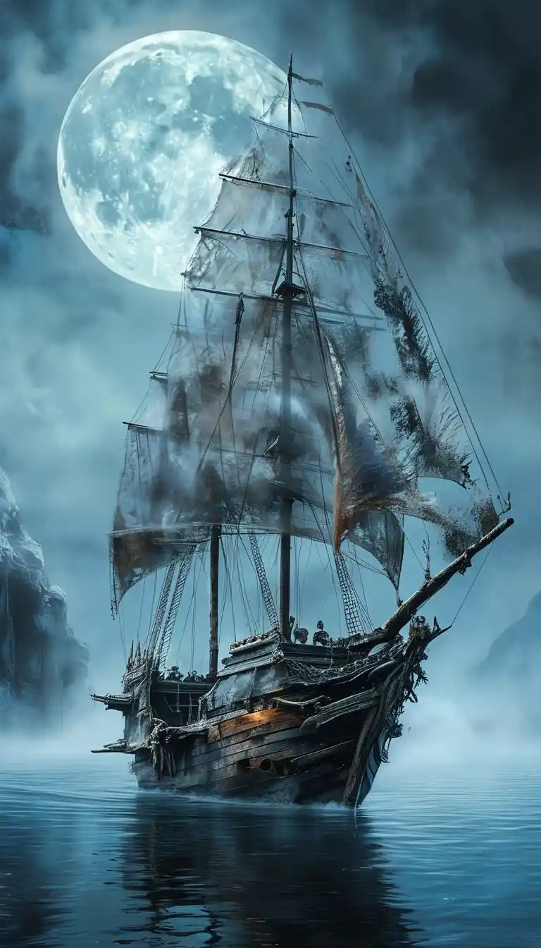 A weathered, ghostly pirate ship sails under a massive, glowing full moon on misty waters, with tattered sails and a dark…