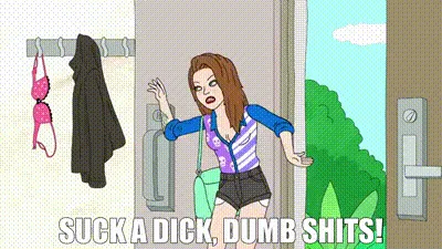 A cartoon woman in a purple and blue top and black shorts stands in front of a door with a pink bra and black jacket hanging…