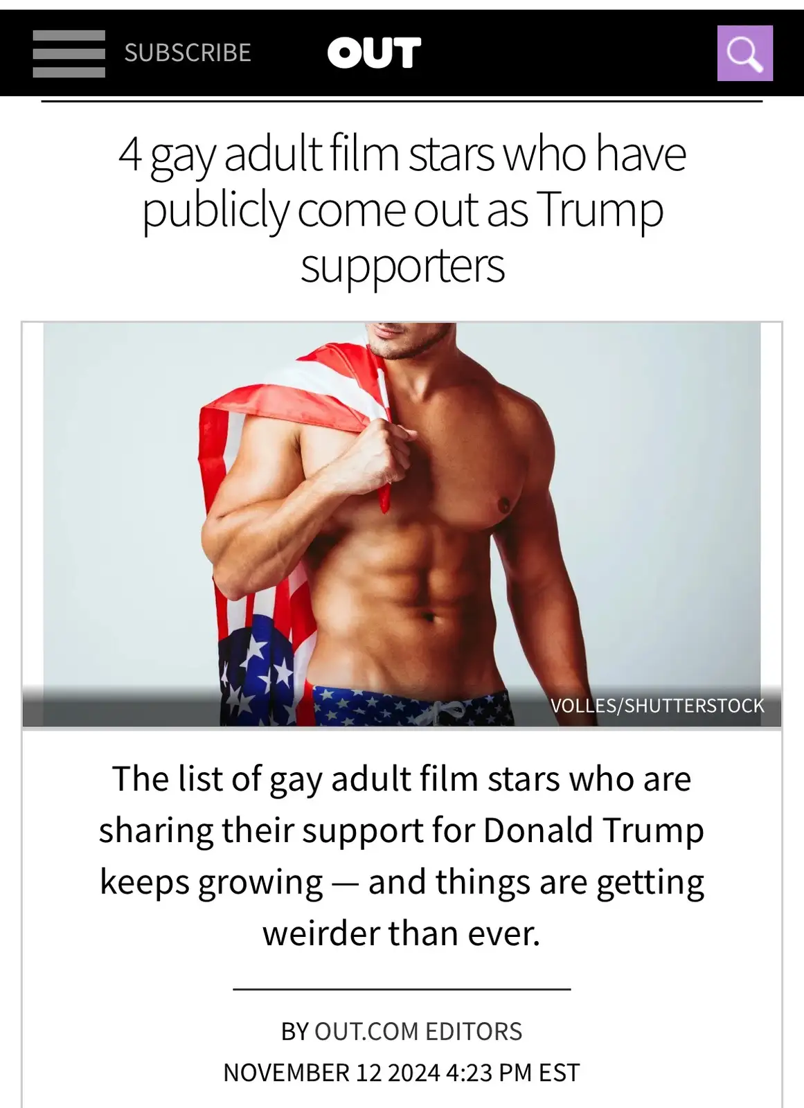 A screenshot of an OUT magazine article titled '4 gay adult film stars who have publicly come out as Trump supporters,'…