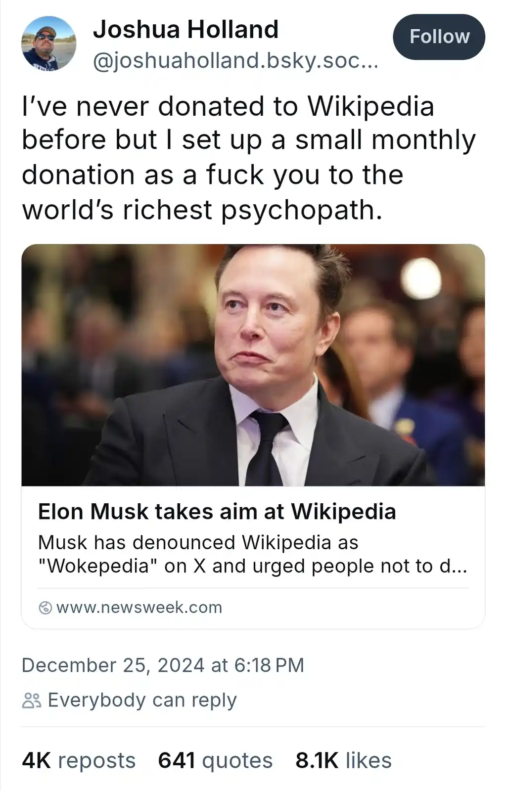 A screenshot of a social media post by Joshua Holland showing a photo of Elon Musk looking displeased. The post's text says…