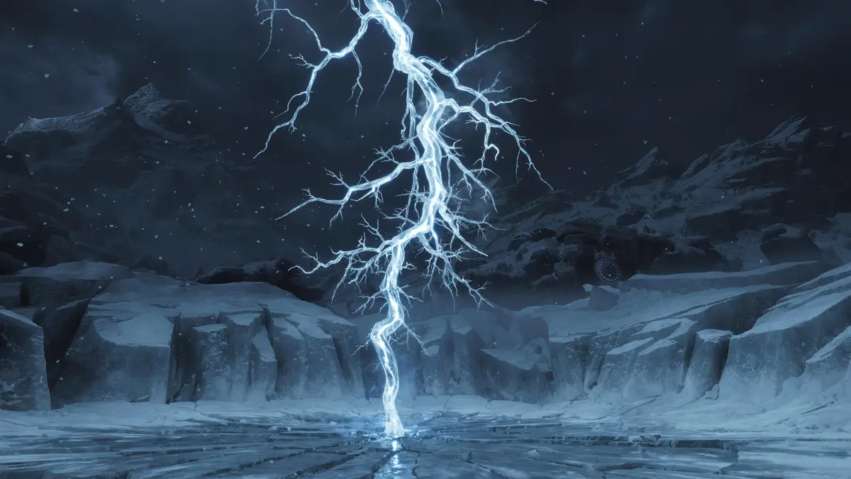 A dramatic, snowy mountain landscape at night with a massive, branching bolt of lightning striking the ground. The scene is…