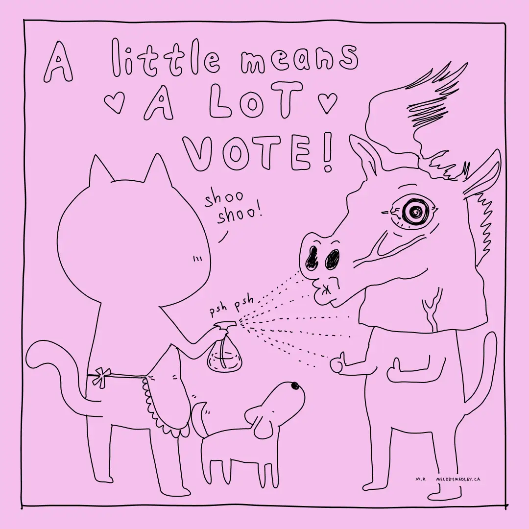 A cartoon cat sprays a small amount of liquid from a spray bottle at a cartoon donkey, who is recoiling with a startled…