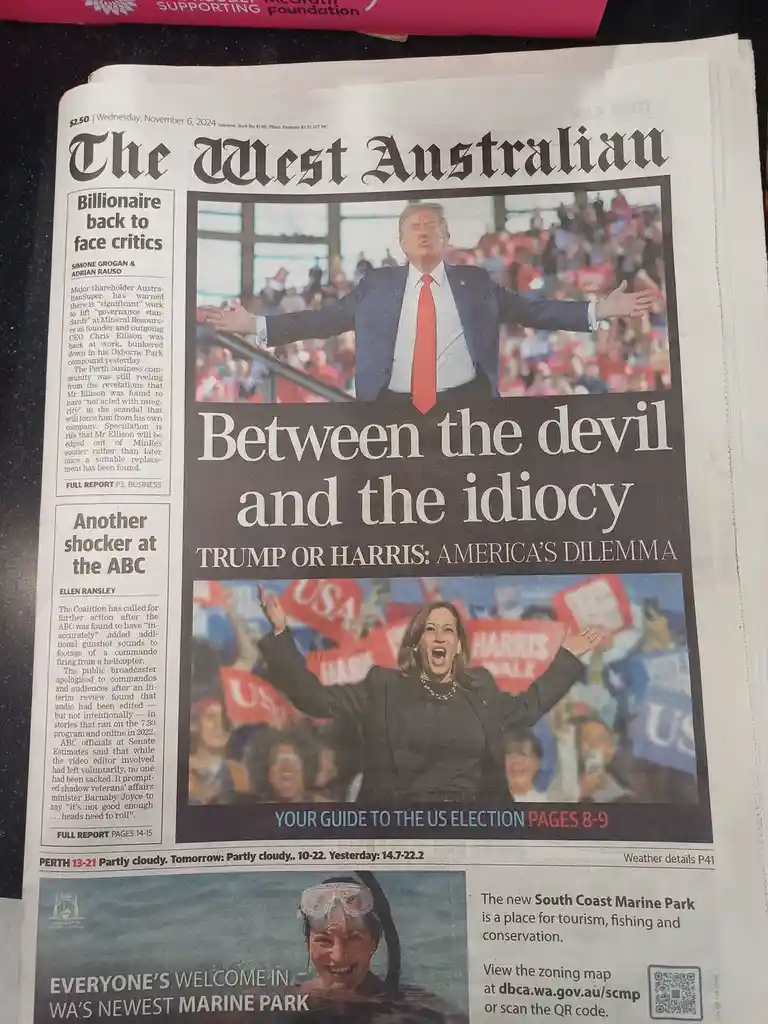 The front page of The West Australian newspaper from November 6, 2024, features a large headline reading 'Between the devil…