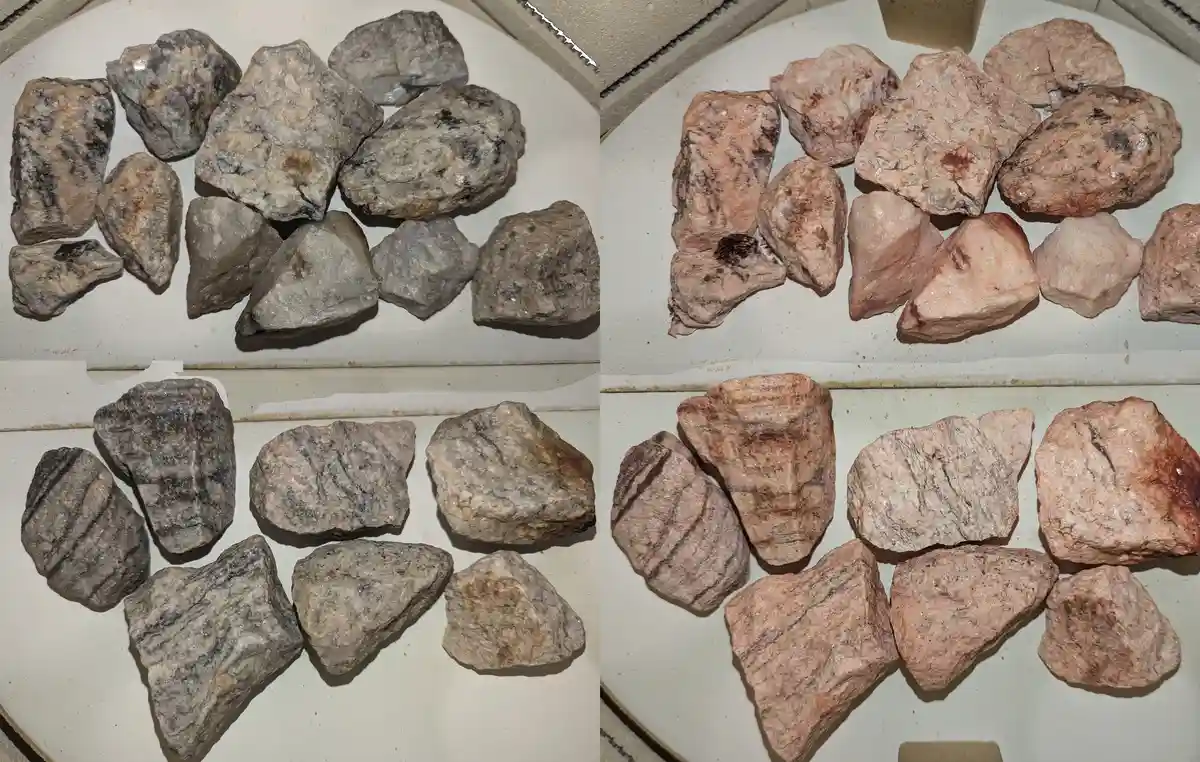 The image shows four panels of rocks arranged in two pairs. The left pair displays grayish rocks with dark streaks, while…