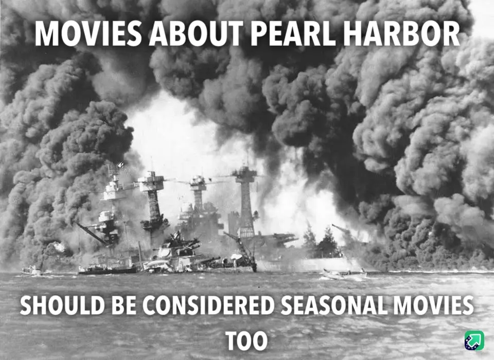 A black and white historical photograph shows warships at Pearl Harbor under heavy smoke and fire, with overlaid bold white…