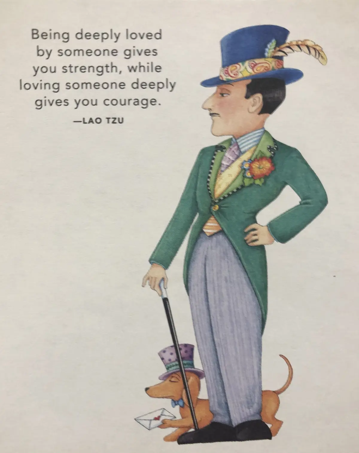 An illustrated man in a blue top hat with a feather and a green jacket stands confidently with one hand on his hip, holding…