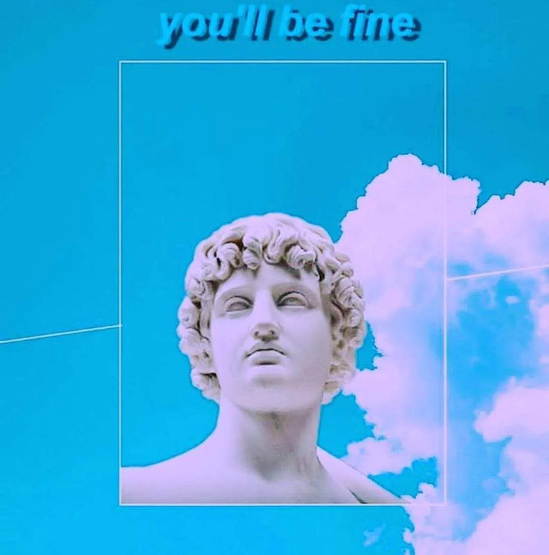 A white marble statue bust of a classical figure with curly hair is centered against a vibrant blue sky with pinkish-purple…