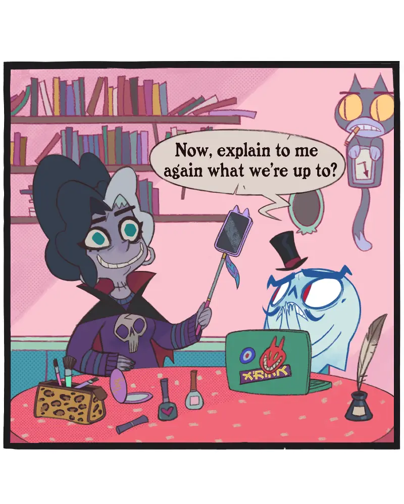 A cartoon vampire woman with dark hair and a skull brooch holds a selfie stick with a phone, smiling at a blue ghost wearing…