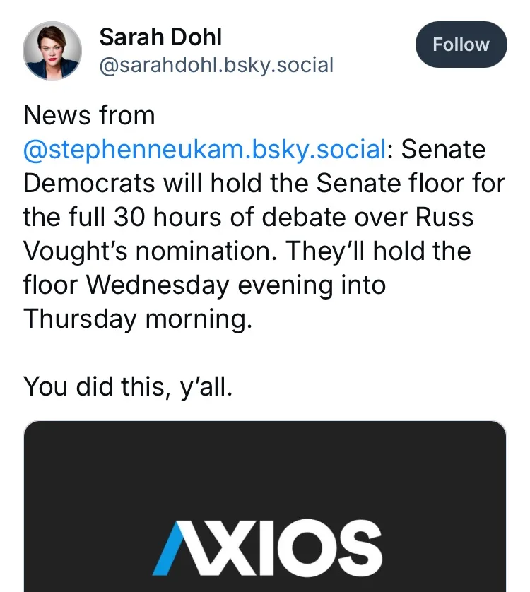 A screenshot of a social media post by Sarah Dohl (@sarahdohl.bsky.social) sharing news from @stephenneukam.bsky.social that…