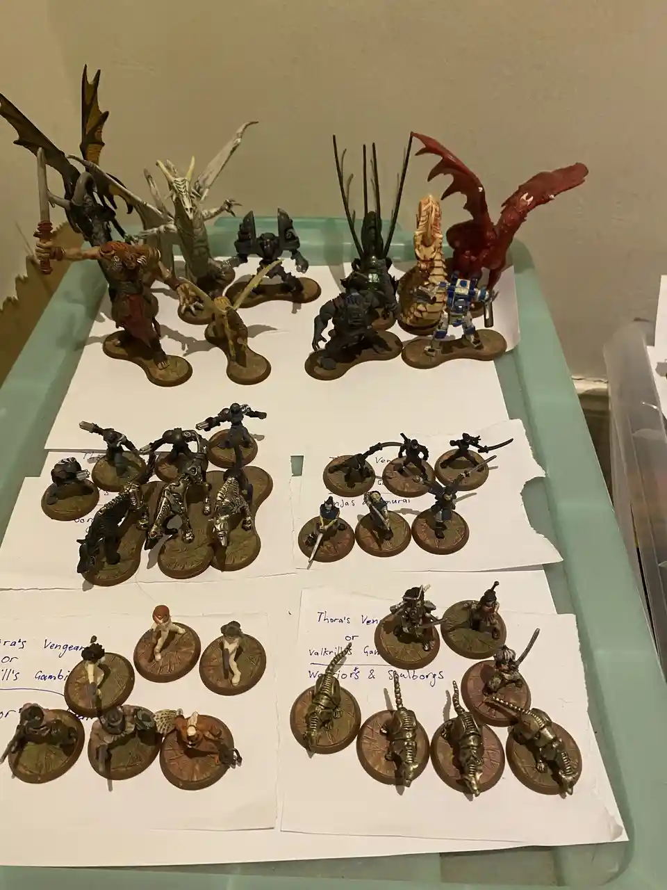 A collection of painted miniature fantasy and sci-fi figures arranged on a tray, grouped by handwritten labels like 'Thora's…