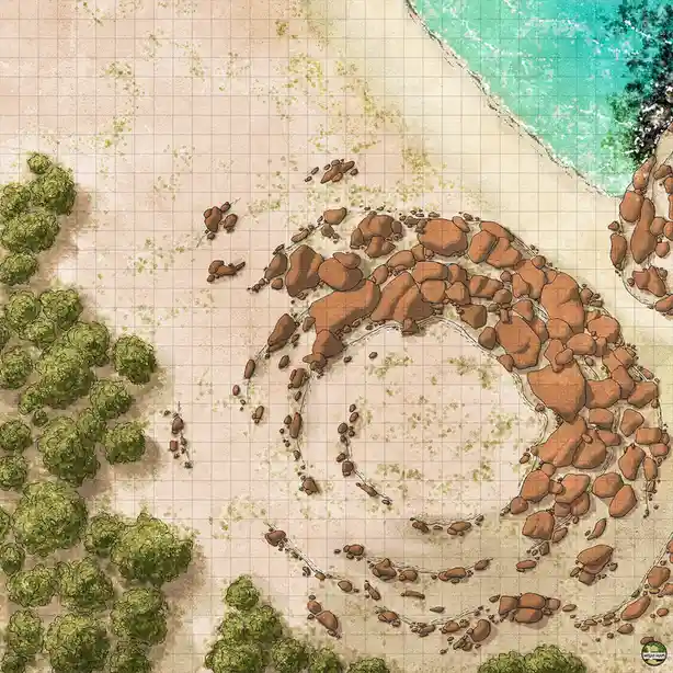 This is a top-down fantasy map showing a sandy beach bordered by turquoise water on the right and green trees on the left…