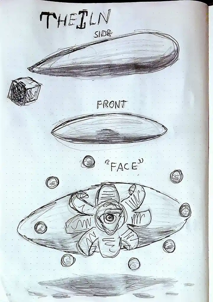 A hand-drawn sketch on dotted paper shows three views of a UFO: a side view labeled 'THE ILN SIDE', a front view labeled…