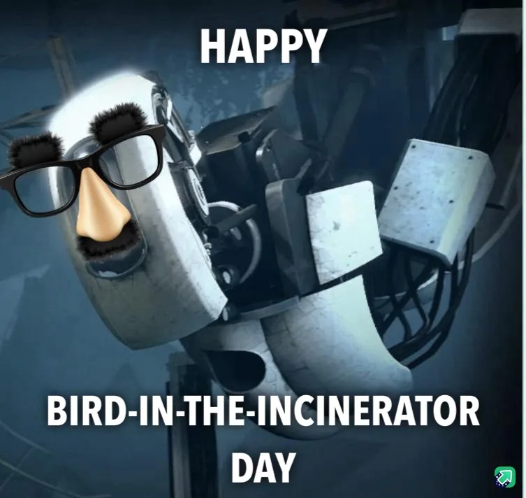 A robotic character from the game 'Portal' is shown with a human-like face, wearing black-rimmed glasses, a fake nose, and a…