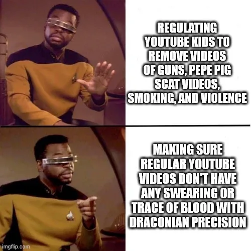 The image is a two-panel meme featuring the character Geordi La Forge from Star Trek: The Next Generation. In the top panel…