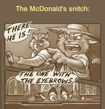 A two-panel comic strip featuring anthropomorphic wolf characters. In the top panel, a wolf in a hat points excitedly at a…