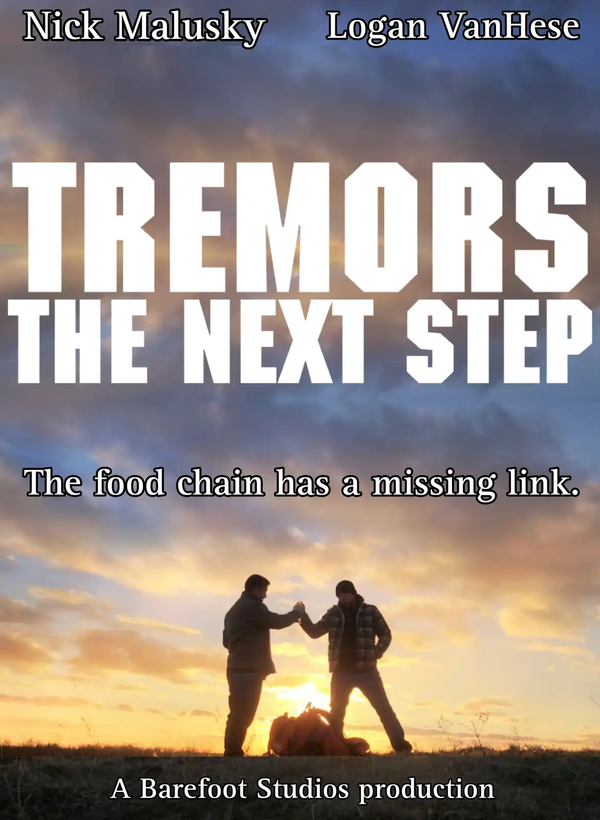 The image is a parody movie poster for 'Tremors: The Next Step,' featuring two men high-fiving against a sunset sky. The…