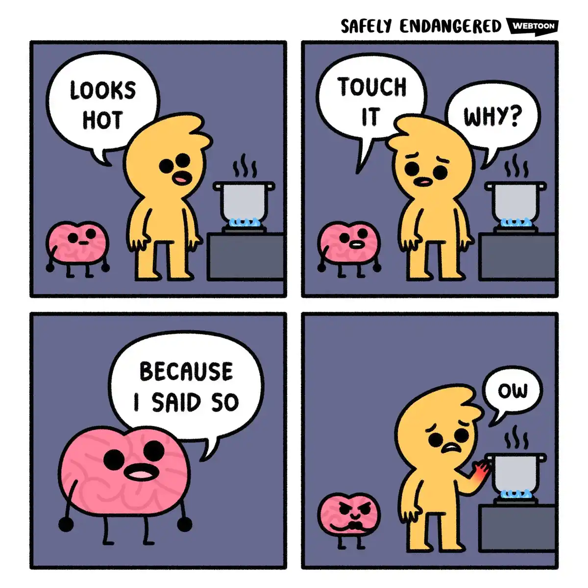 A four-panel comic strip from 'Safely Endangered' by Webtoon shows a yellow humanoid character and a pink brain character…