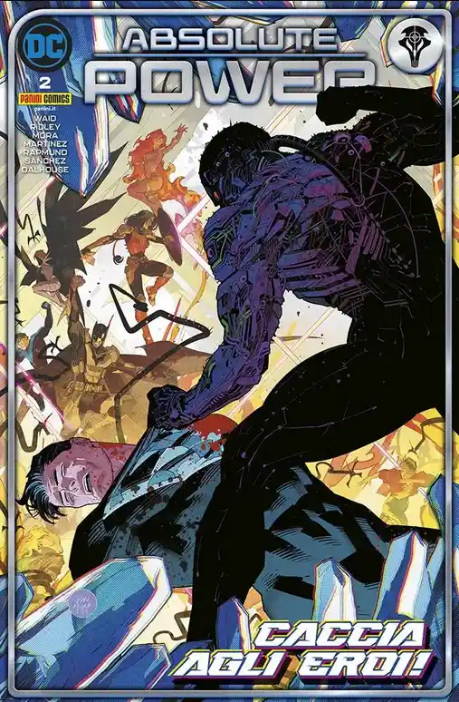 A comic book cover for 'Absolute Power' issue #2, featuring a large, menacing purple armored figure standing over a fallen…