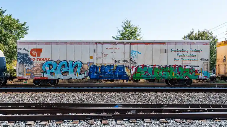 A white refrigerated train car covered in colorful graffiti, including large blue and green tags, sits on railway tracks…