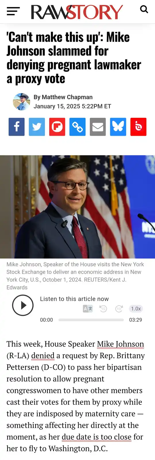 A screenshot of a RawStory news article featuring a photo of Mike Johnson, Speaker of the House, smiling in a suit with an…