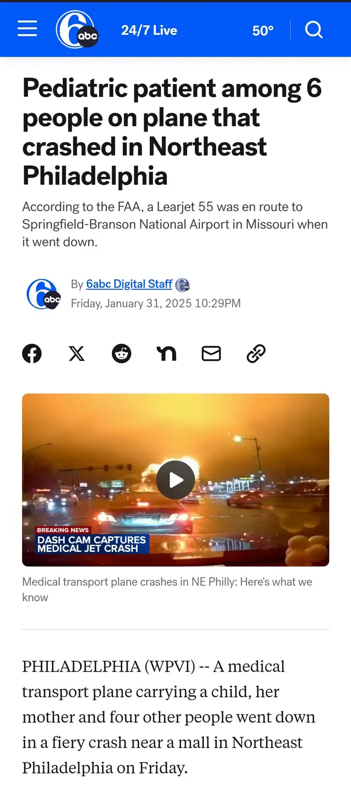 A screenshot of a 6abc news article about a medical transport plane crash in Northeast Philadelphia, featuring a video…
