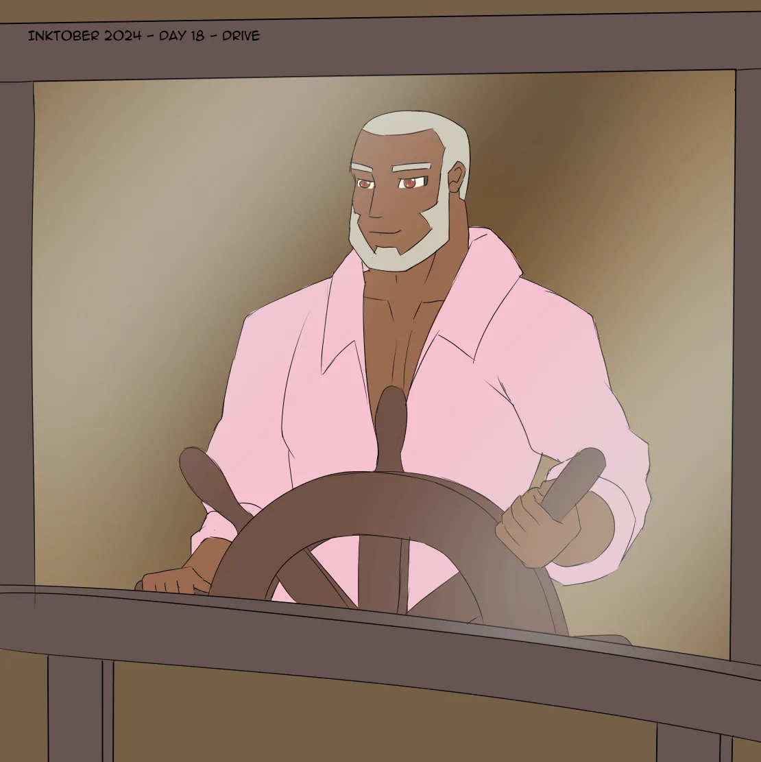 An illustration of a man with gray hair and beard wearing a pink shirt, sitting at a ship's wheel and holding a hammer in…
