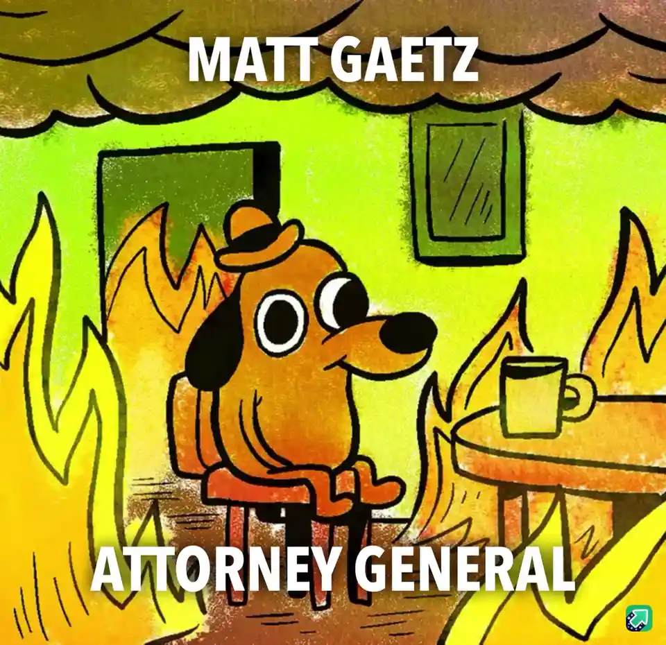 A cartoon dog wearing a hat sits calmly in a room surrounded by flames, with a mug on a table nearby. The text 'MATT GAETZ'…