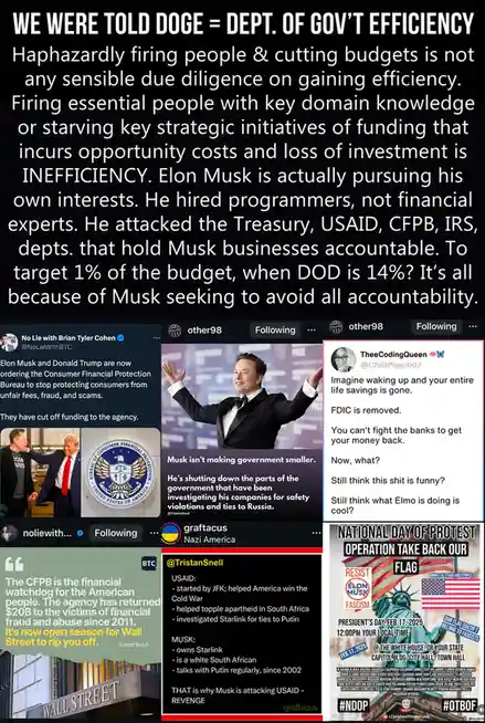 A collage of social media posts and images criticizing Elon Musk, featuring a photo of him in a tuxedo with arms raised…