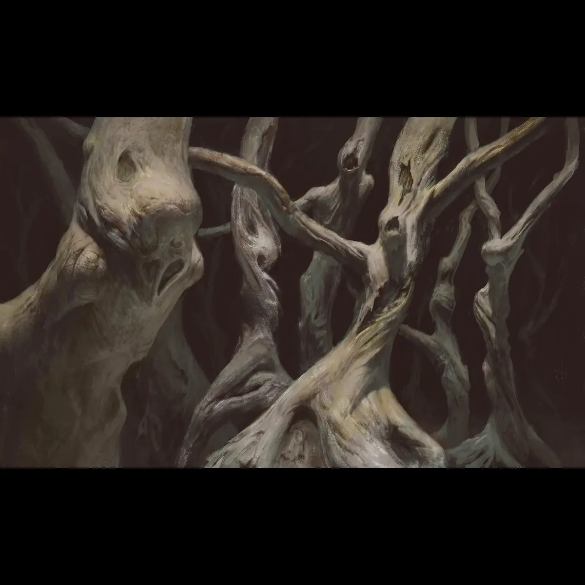 The image shows gnarled, twisted tree trunks and branches in a dark, eerie forest setting. The bark has been artistically…