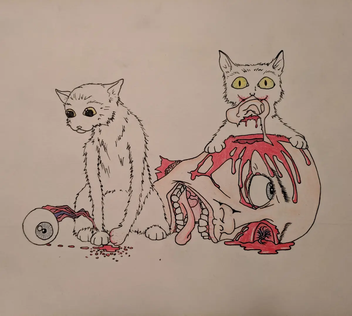 A hand-drawn image shows two white cats; one is calmly sitting next to a detached eyeball and bloodstains, while the other…