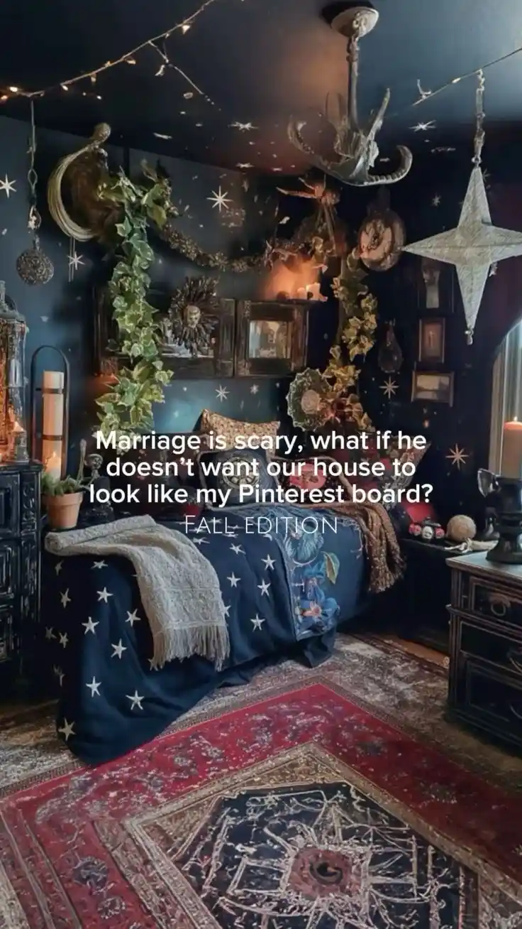 A dark, ornately decorated bedroom with star-patterned walls, hanging star decorations, a bed with a star-patterned blue…