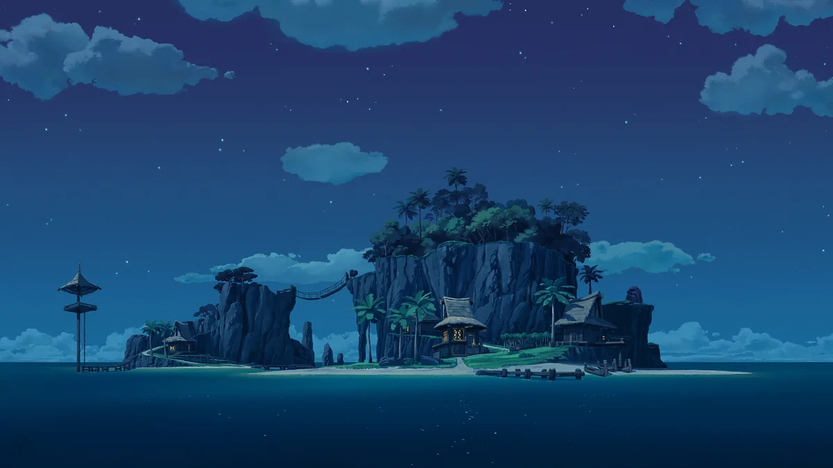 A serene, starry night scene depicts a tropical island with rocky cliffs, palm trees, and several thatched-roof huts with…