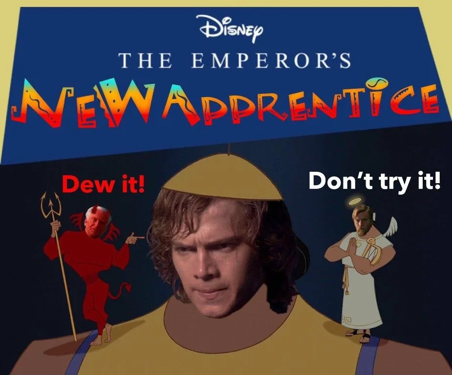 A meme image features a man in a yellow tunic with a yellow hat, flanked by a red devil on the left and a white angel on the…