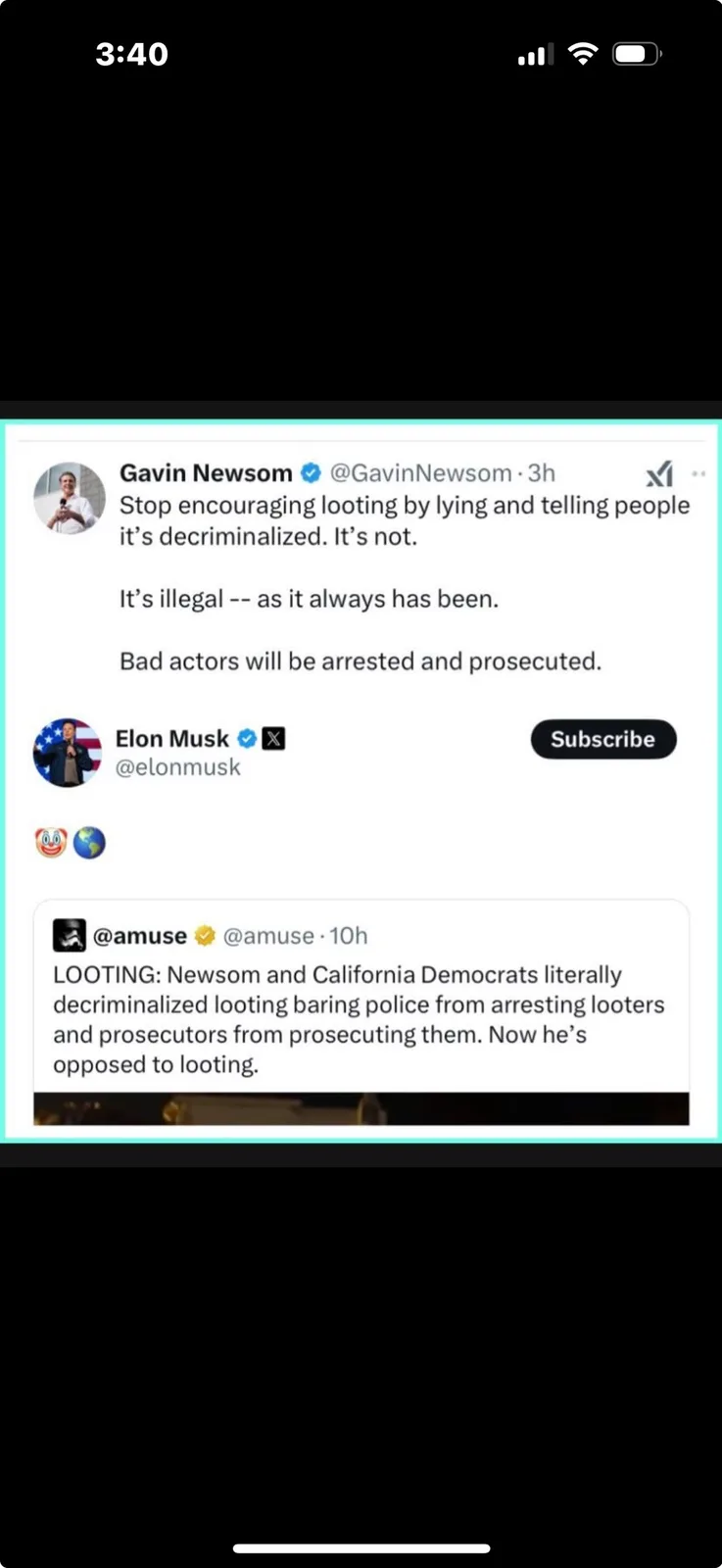 A screenshot of a Twitter/X thread shows Gavin Newsom's tweet condemning looting as illegal, followed by a reply from @amuse…