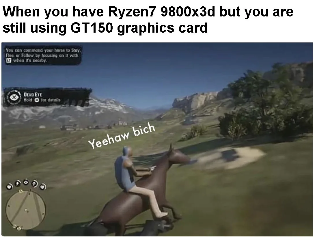 A screenshot from the video game Red Dead Redemption 2 shows a character riding a horse across a grassy landscape with…