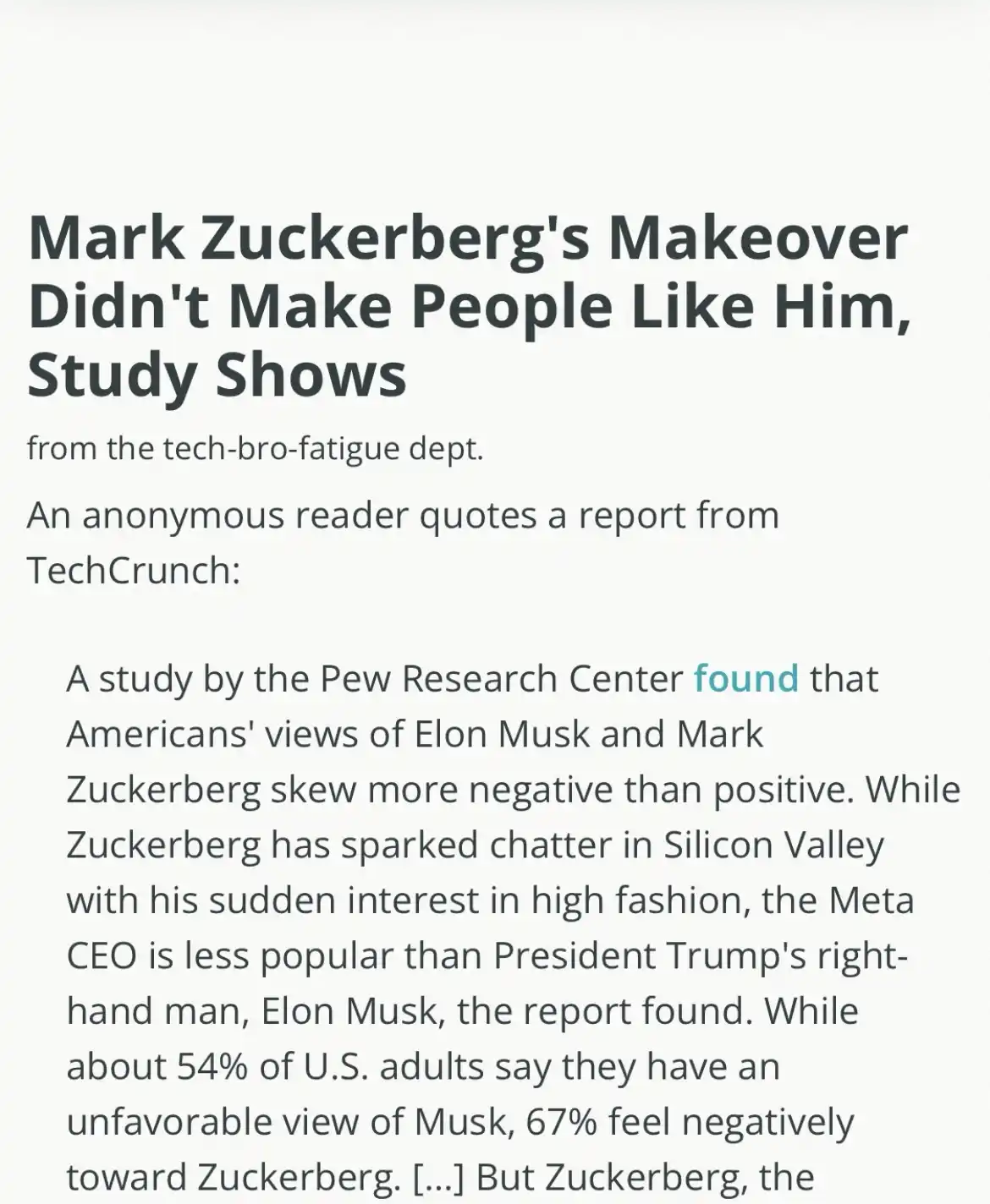 The image displays a screenshot of a text article with the headline 'Mark Zuckerberg's Makeover Didn't Make People Like Him…