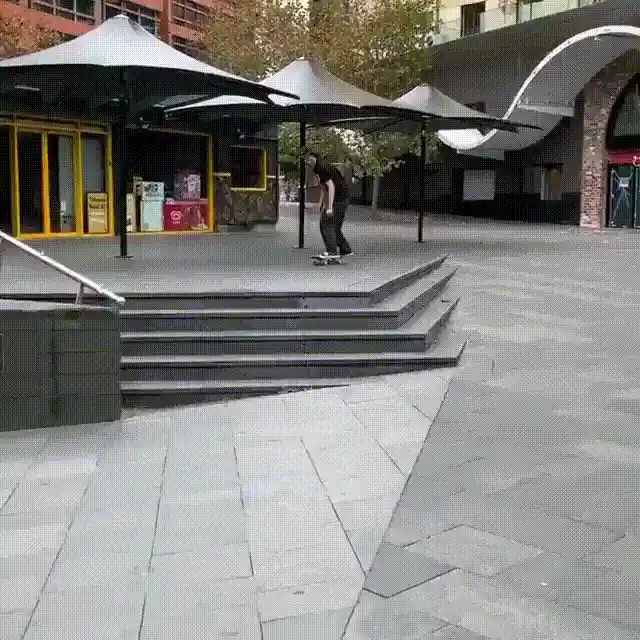 A sequence of six panels shows a skateboarder attempting a trick on a set of stairs, falling and injuring himself. A…