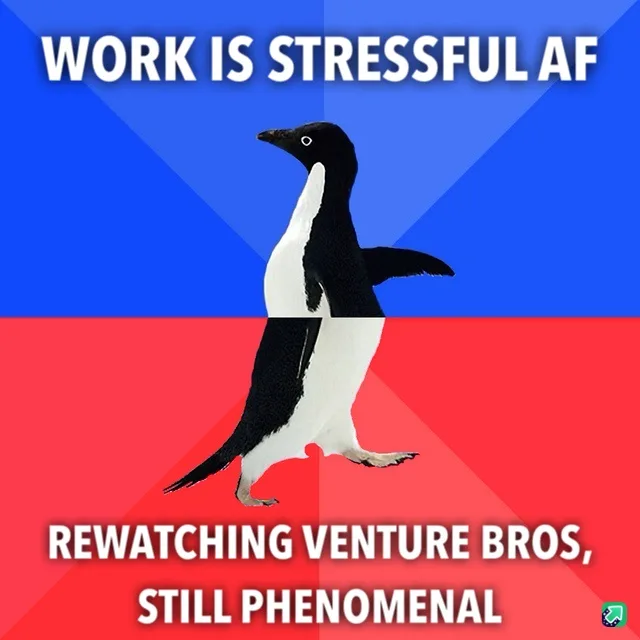A penguin is split vertically down the middle, with the top half against a blue background and the bottom half against a red…