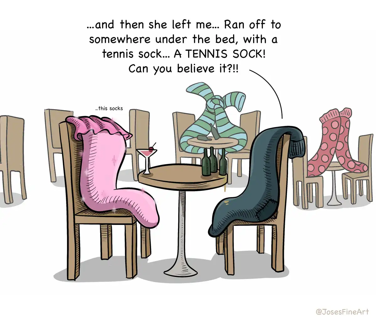A cartoon depicts several chairs in a room, each with a different sock draped over it, including a pink one, a striped one…