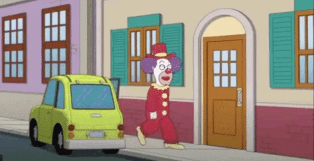 A six-panel animated sequence shows a clown walking down a street toward a shop, changing outfits each time he enters and…