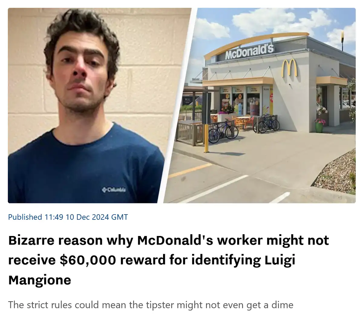 The image is a split-screen: on the left, a man with dark hair and a blue Columbia t-shirt stares blankly at the camera; on…