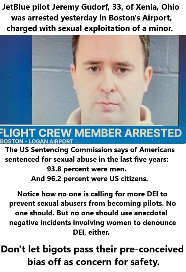A mugshot of a man is overlaid with news-style text reporting the arrest of JetBlue pilot Jeremy Gudorf for sexual…